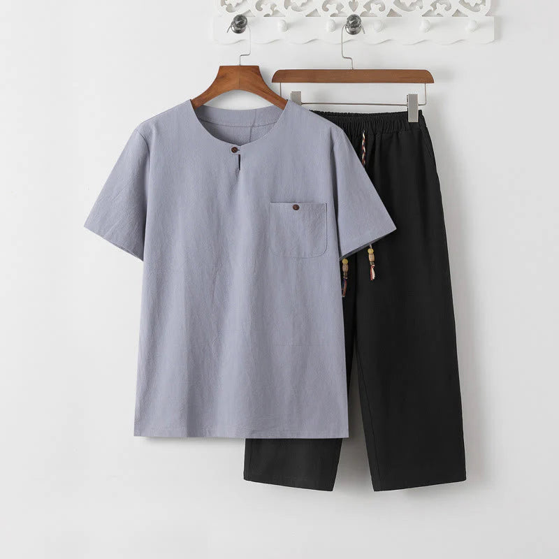 Buddha Stones Summer 2Pcs Plain Short Sleeve T-Shirt 7-8 Length Pants Cotton Linen Tang Suit Men's Meditation Cloth Set With Pockets