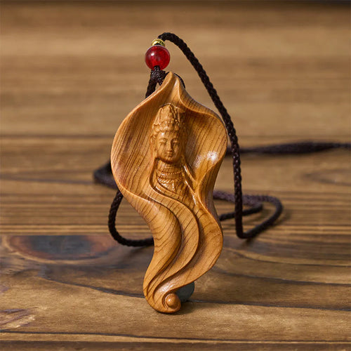 Buddha Stones Guanyin Kwan Yin Avalokiteśvara Lotus Leaf Platycladus Orientalis Wood Wealth Necklace Pendant