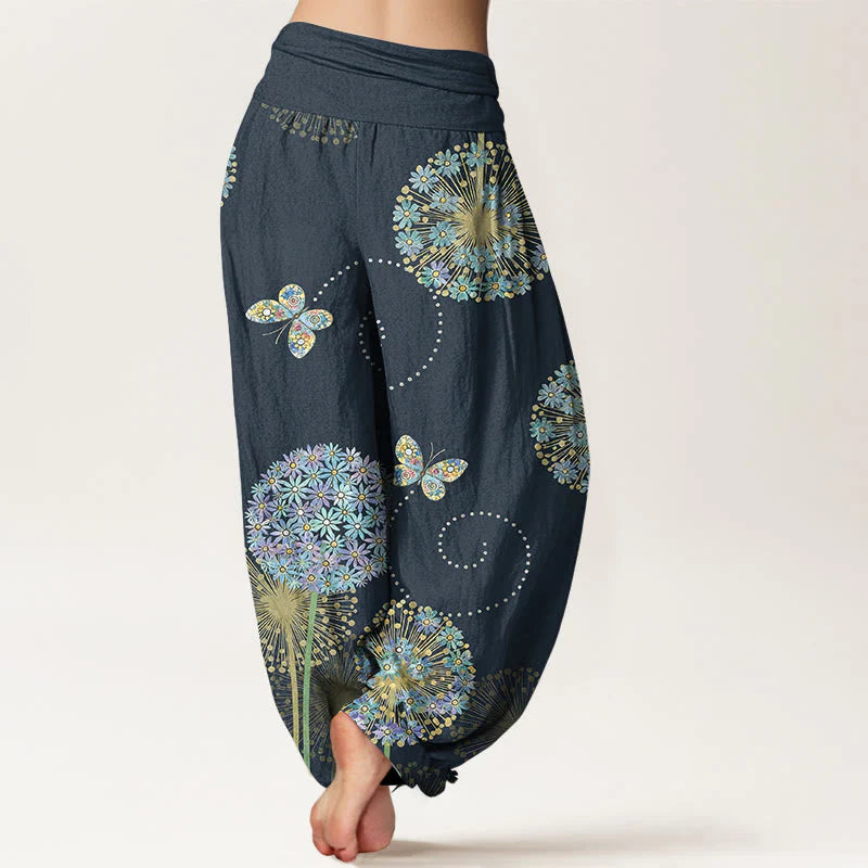 Buddha Stones Cotton Dreamlike Dandelion Butterfly Pattern Women's Elastic Waist Harem Pants
