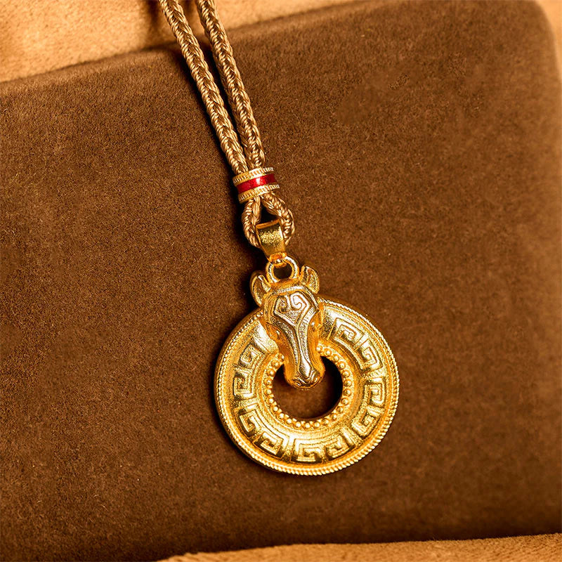 Buddha Stones Year Of The Horse Peace Buckle Fu Character Gold Plated Copper Energy Necklace Pendant