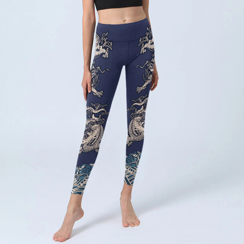 Buddha Stones Symmetry Dragon Wave Pattern Print Gym Leggings Women's Yoga Pants