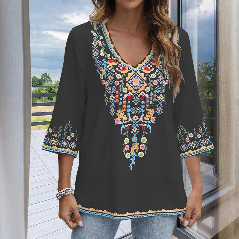 Buddha Stones Spring Daily Embroidery Flower Pattern Long Sleeve V-neck Cotton Women's T-Shirt