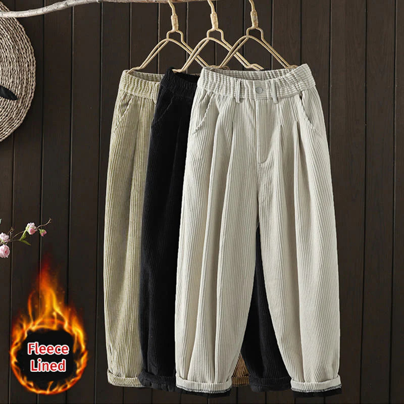 Buddha Stones Women's Winter Plain Corduroy Cotton High Waist Fleece-Lined Harem Pants With Pockets
