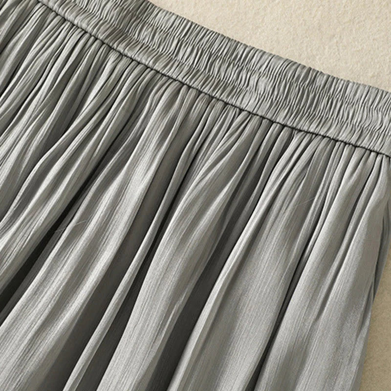 Buddha Stones Light Gray Pleated Design Elastic Waist Women's Wide Leg Pants With Pockets