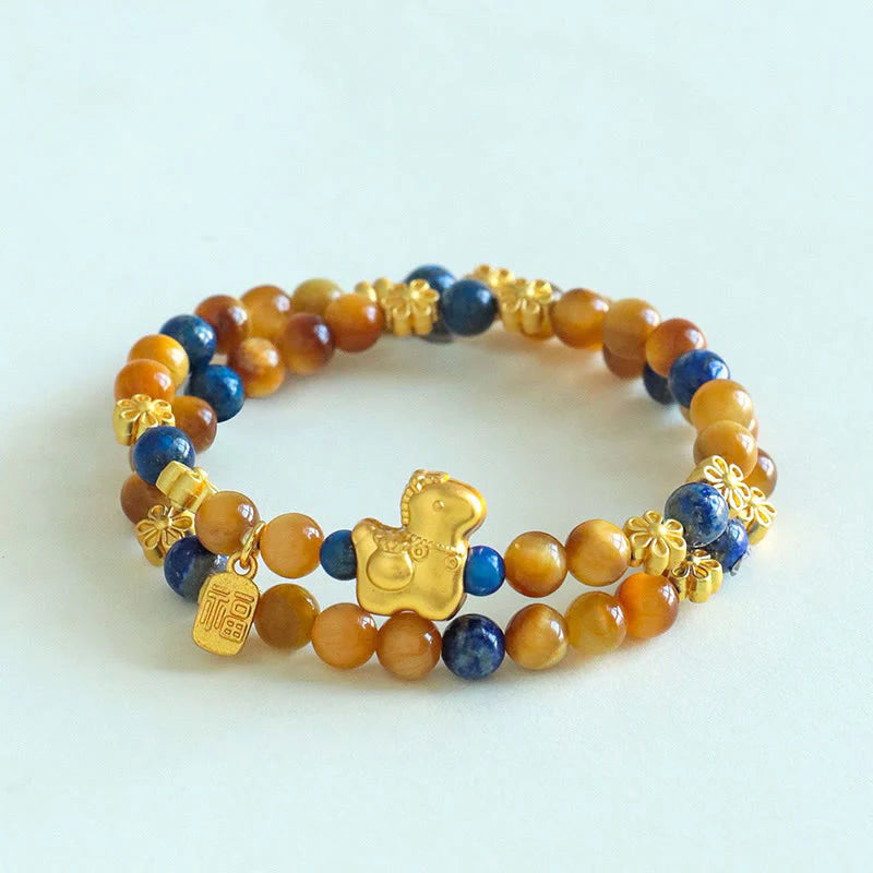 Buddha Stones Year Of The Horse Fu Character Lazurite Lapis Lazuli Tiger Eye Serenity Double Wrap Bracelet