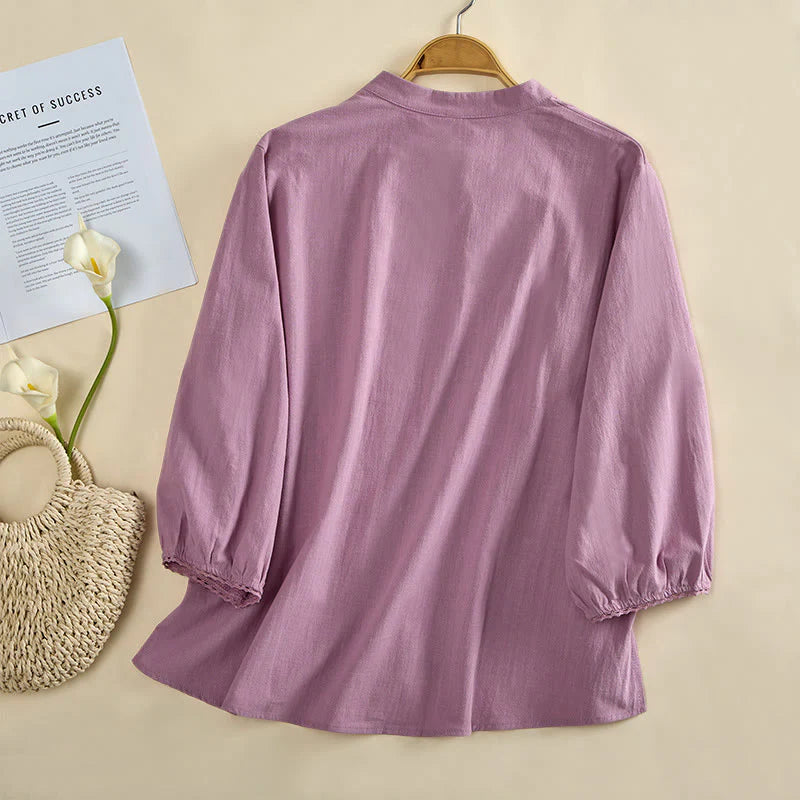 Buddha Stones Plain Crew Neck Frog-Button Long Sleeve Women's Cotton Shirt