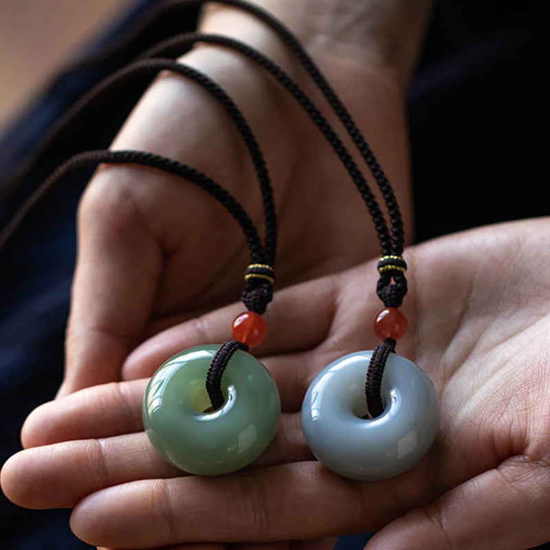 Buddha Stones Natural Round Jade Gray Jade Peace Buckle Luck Necklace Pendant