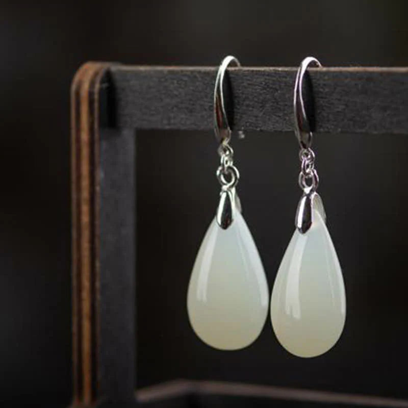 Buddha Stones Hetian White Jade Water Drop Luck Blessing Dangle Earrings (Extra 30% Off | USE CODE: FS30)