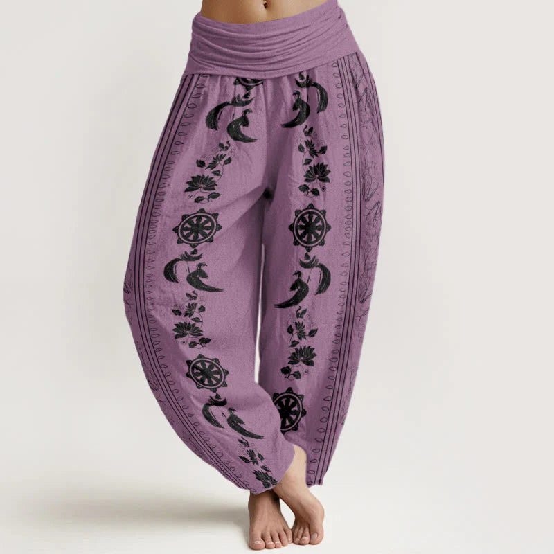 Buddha Stones Cotton Dharma Wheel Lotus OM Pattern Women's Elastic Waist Harem Pants