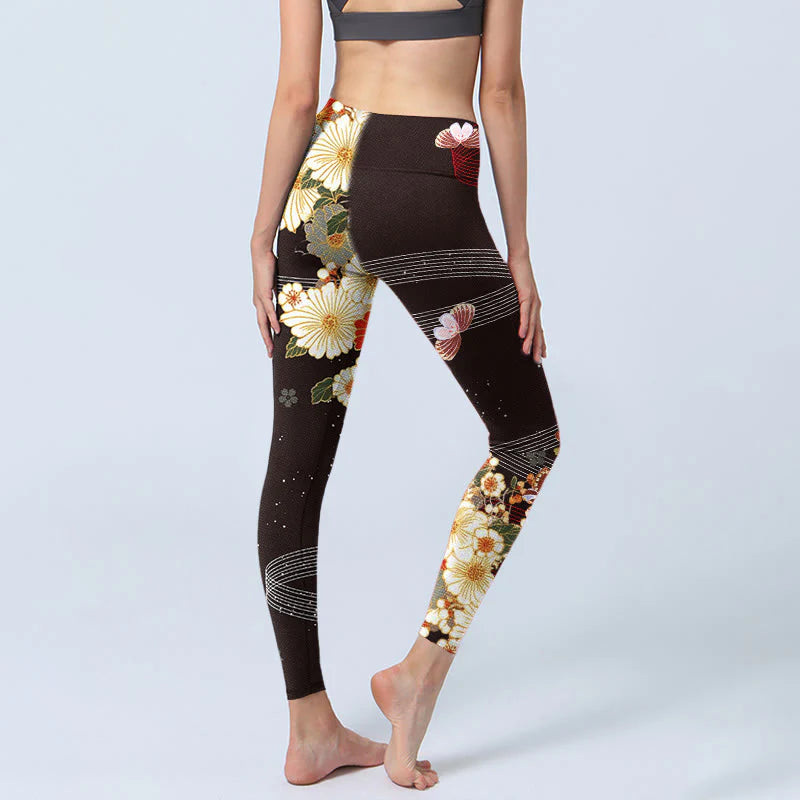 Buddha Stones Floral Butterfly Pattern Print Gym Leggings Women's Yoga Pants