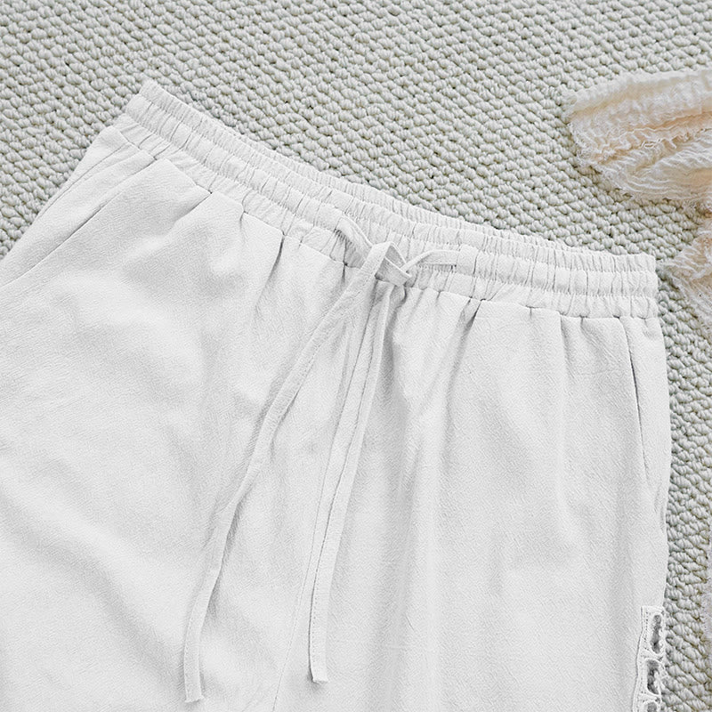 Buddha Stones Summer Plain Color Splicing Design Cotton Linen Women's Pants With Pockets