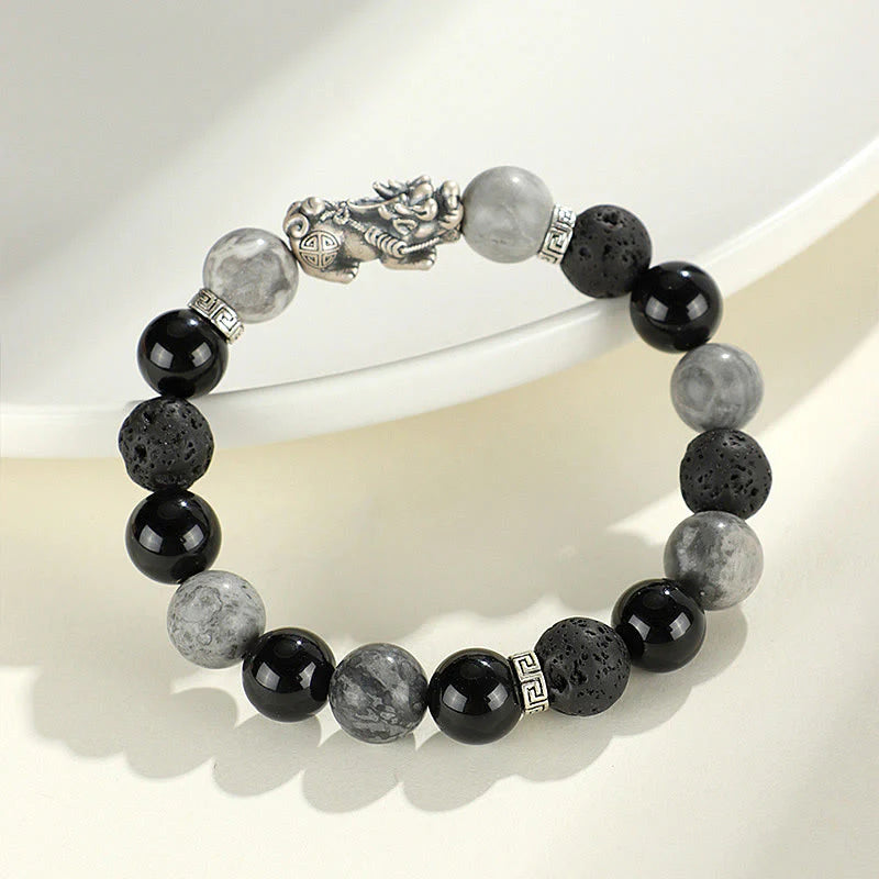 Buddha Stones 999 Sterling Silver PiXiu Black Onyx Grey Jasper Lava Rock Protection Bracelet