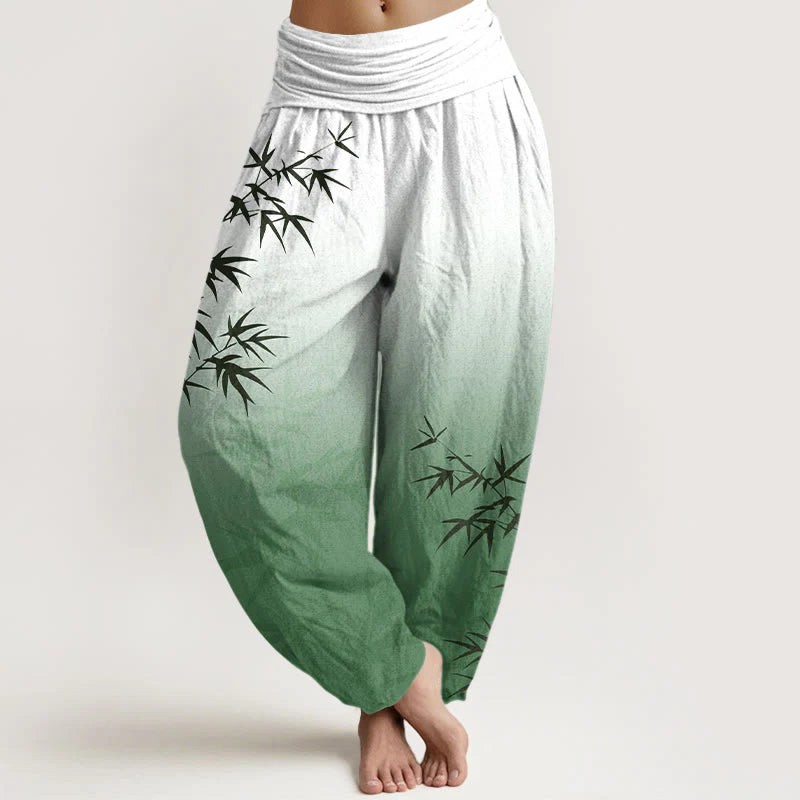 Buddha Stones Casual Bamboo Leaves Gradient Pattern Pure Cotton Women's Elastic Waist Harem Pants