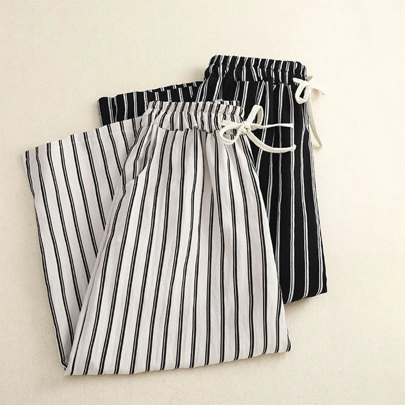 Buddha Stones Casual Acrylic Stripe Lace-up Women's Wide Leg Pants With Pockets