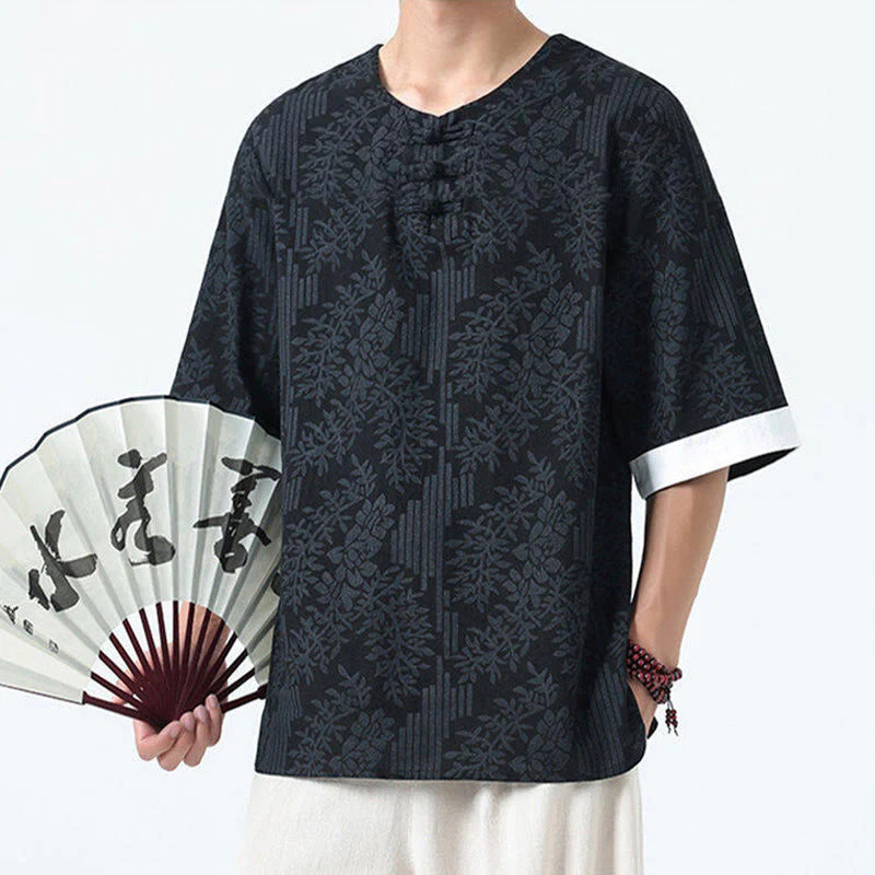 Buddha Stones Summer Flowers Grass Pattern Tang Suit Men's Frog-Button Half Sleeve Cotton Shirt