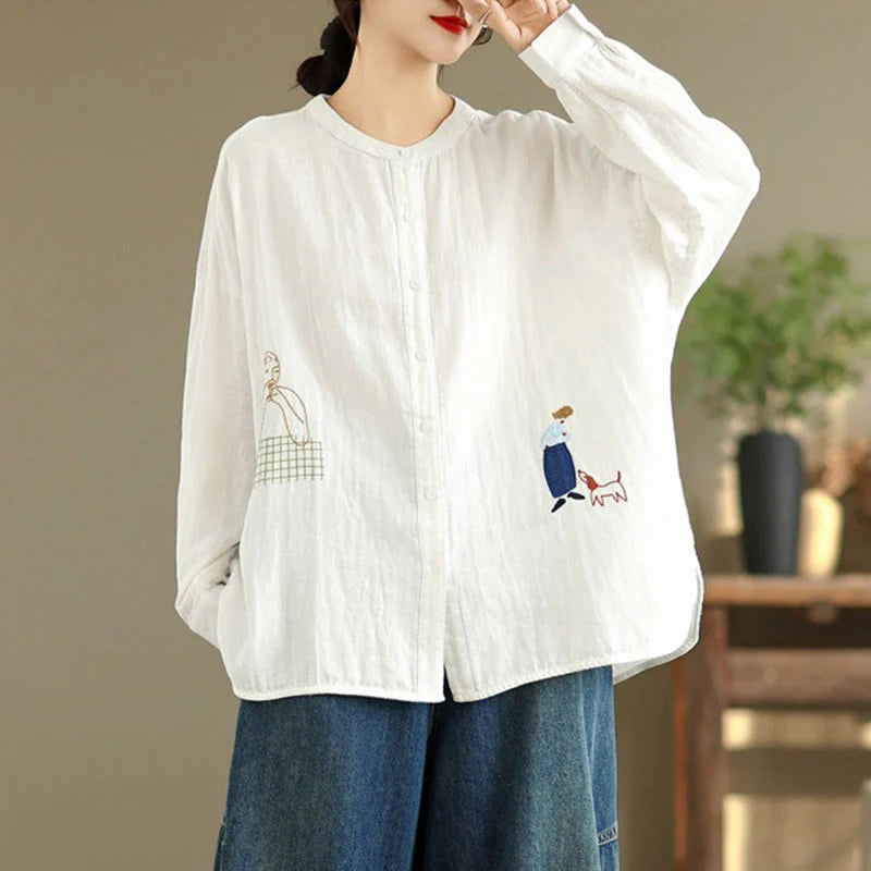Buddha Stones Fall Embroidery Human Figure Dog Pattern Round Neck Buttons Women's Long Sleeve Shirt