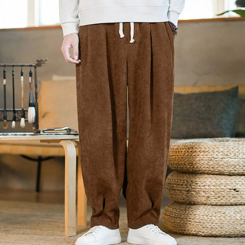 Buddha Stones Retro Men's Plain Fleece-Lined Corduroy Simple Design Harem Pants With Pockets