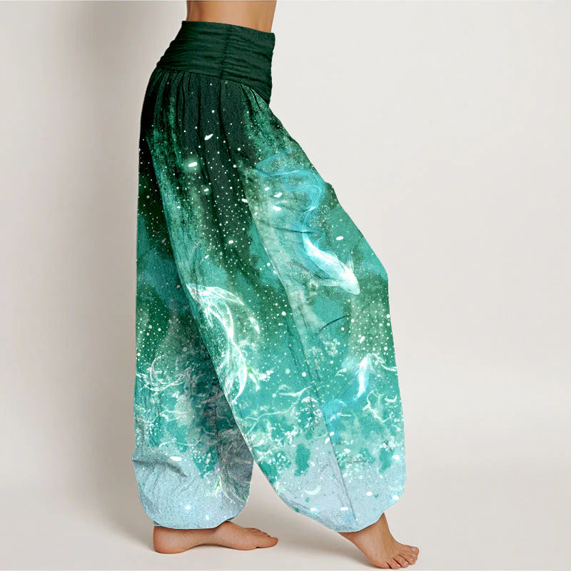 Buddha Stones Cotton Koi Fish Aquatic Pattern Women's Elastic Waist Harem Pants