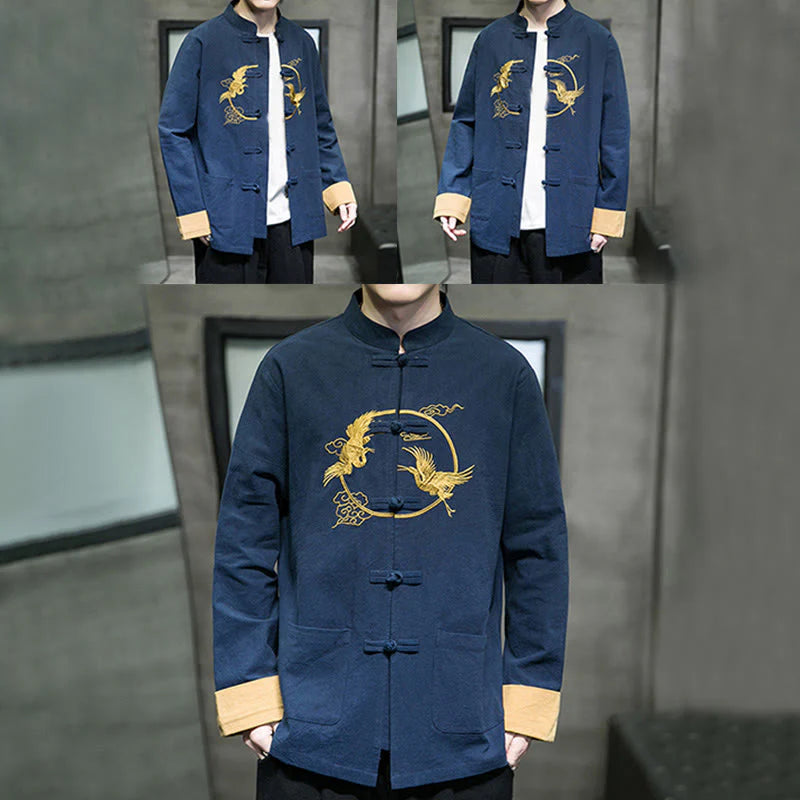 Buddha Stones Embroidery Cranes Pattern Frog-Button Men's Cotton Long Sleeve Jacket With Pockets
