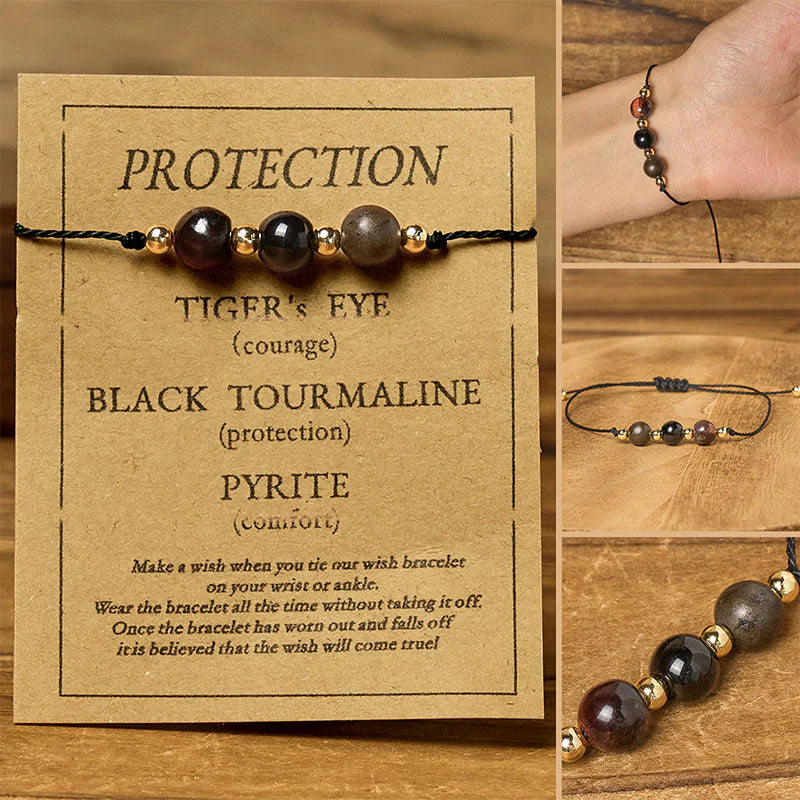 Buddha Stones Tiger Eye Black Tourmaline Pyrite Protection Card Rope Bracelet