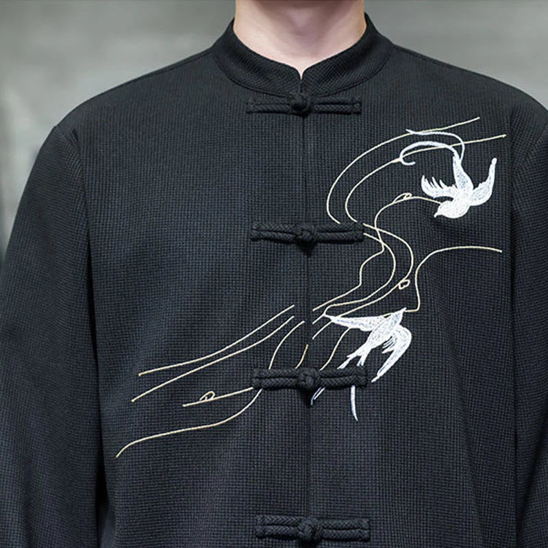 Buddha Stones Frog-Button Swallow Embroidery Stand Collar Long Sleeve Tang Suit Men's Shirt