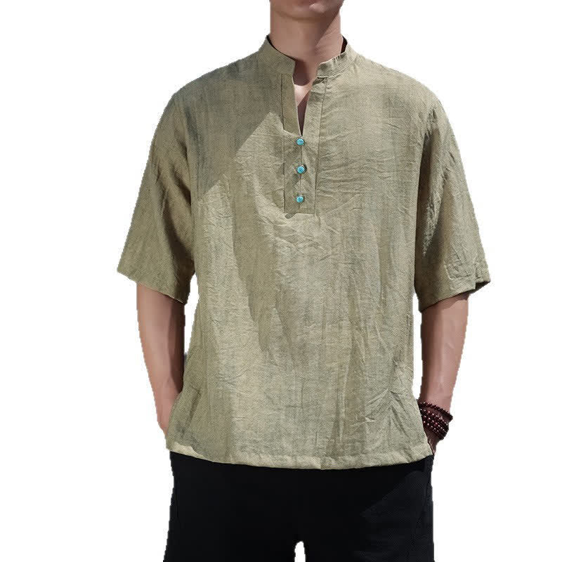 Buddha Stones Summer Dai Ethnic Short Sleeve Men's Notched Collar Button T-Shirt