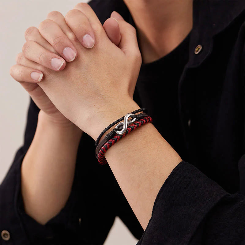Buddha Stones Infinitely Design Titanium Steel Braided Three-layer Leather Balance Bracelet