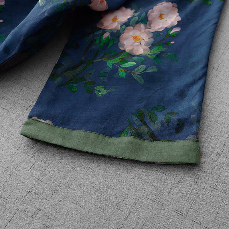 Buddha Stones Frog-Button Orchid Pomegranate Flowers Pattern Side Slit Design Half Sleeve Midi Dress