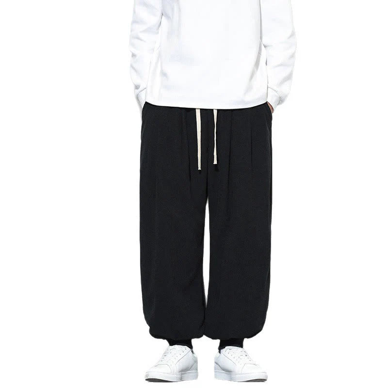 Buddha Stones Fall Plain Drawstring Simple Design Men's Harem Cotton Corduroy Pants With Pockets