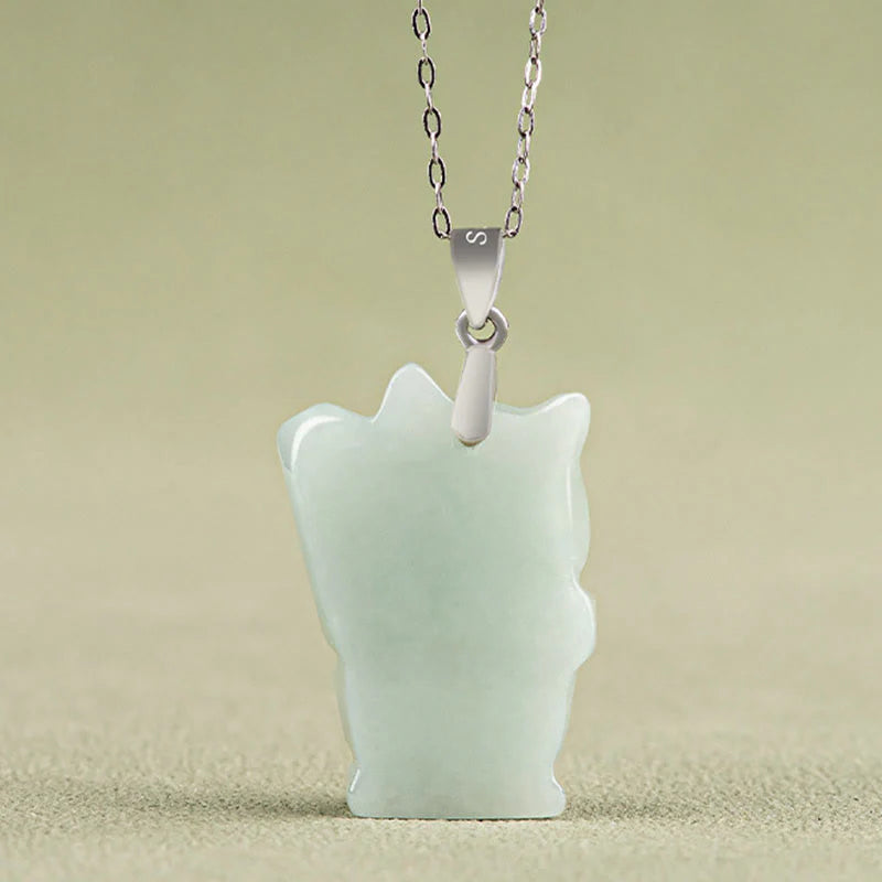 Buddha Stones Jade Fortune Cat Prosperity Titanium Steel Necklace Pendant