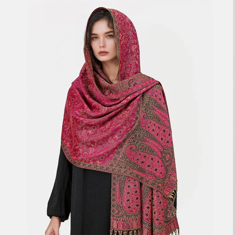 Buddha Stones Tibetan Jacquard Paisley Flower Pattern Color Contrast Design Tassel Cozy Scarf Shawl