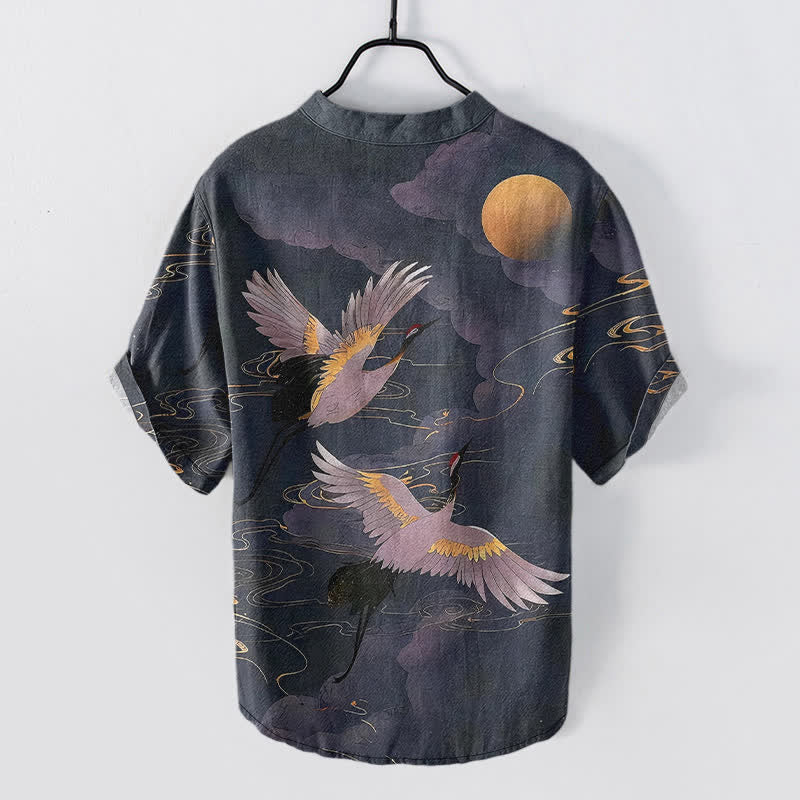 Buddha Stones Cotton Full Moon Crane Pattern Men's Short Sleeve Half Button Shirt