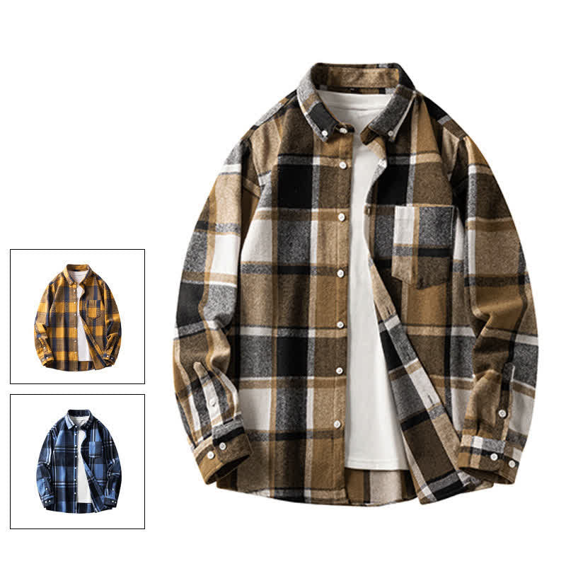 Buddha Stones Commute Multicolor Plaid Button Men's Cotton Long Sleeve Shirts With Pocket