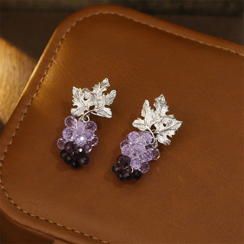 Buddha Stones Purple Grape Leaves Copper Wealth Stud Earrings