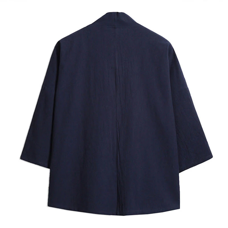 Buddha Stones White Crane Auspicious Clouds Embroidery Three Quarter Sleeve Men's Kimono