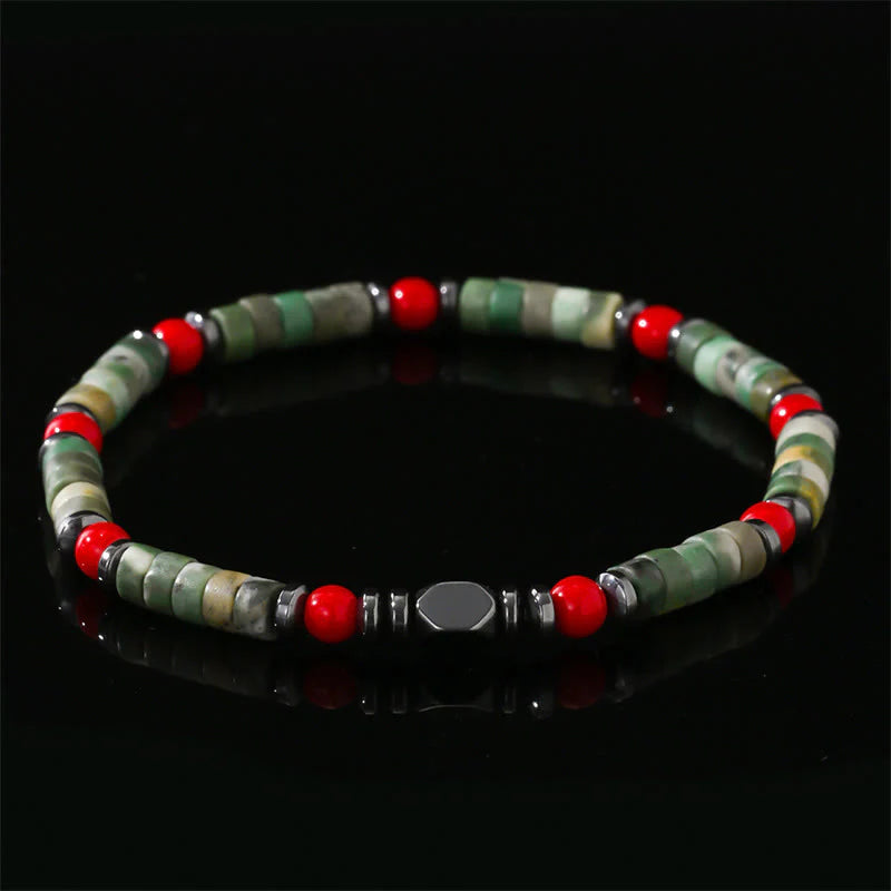 Buddha Stones Natural Green Stone Hematite Red Coral Powerful Bracelet