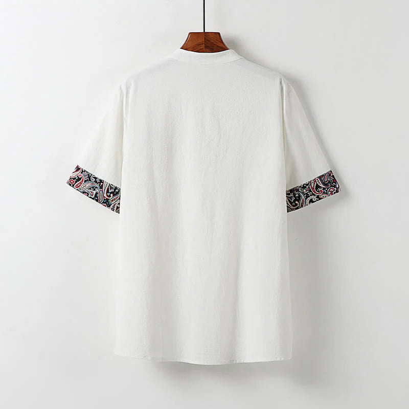 Buddha Stones Summer Frog-Button Auspicious Clouds Embroidery Design Short Sleeve Cotton Linen Men's Shirt