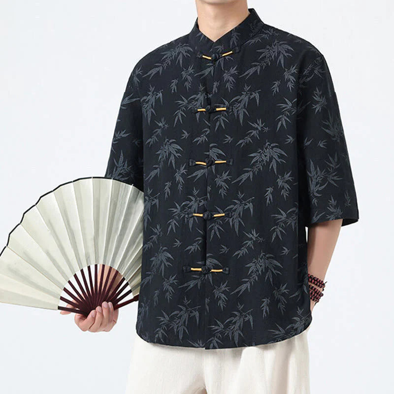 Buddha Stones Summer Bamboo Leaves Pattern Chinese Frog-Button Cotton Linen Short Sleeve Men's Shirt