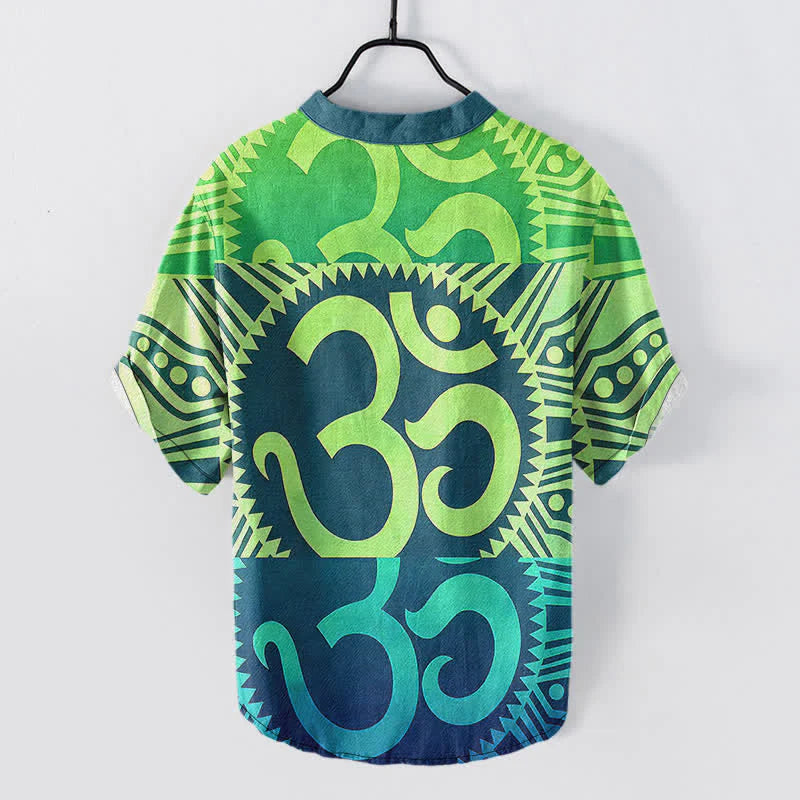 Buddha Stones Cotton Om Emblem Men's Short Sleeve Half Button Shirt