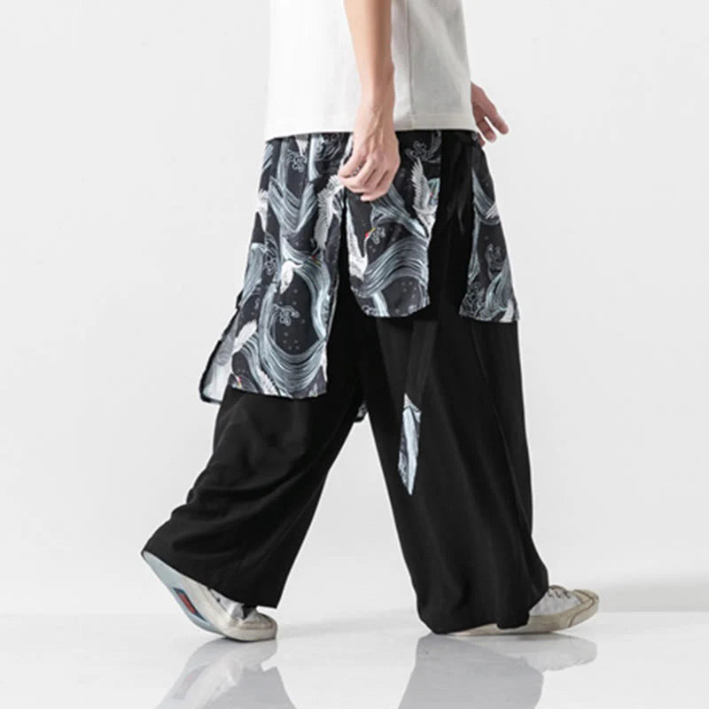 Buddha Stones Summer Flying Crane Design Cotton Men's Wide Leg Pants With Pockets