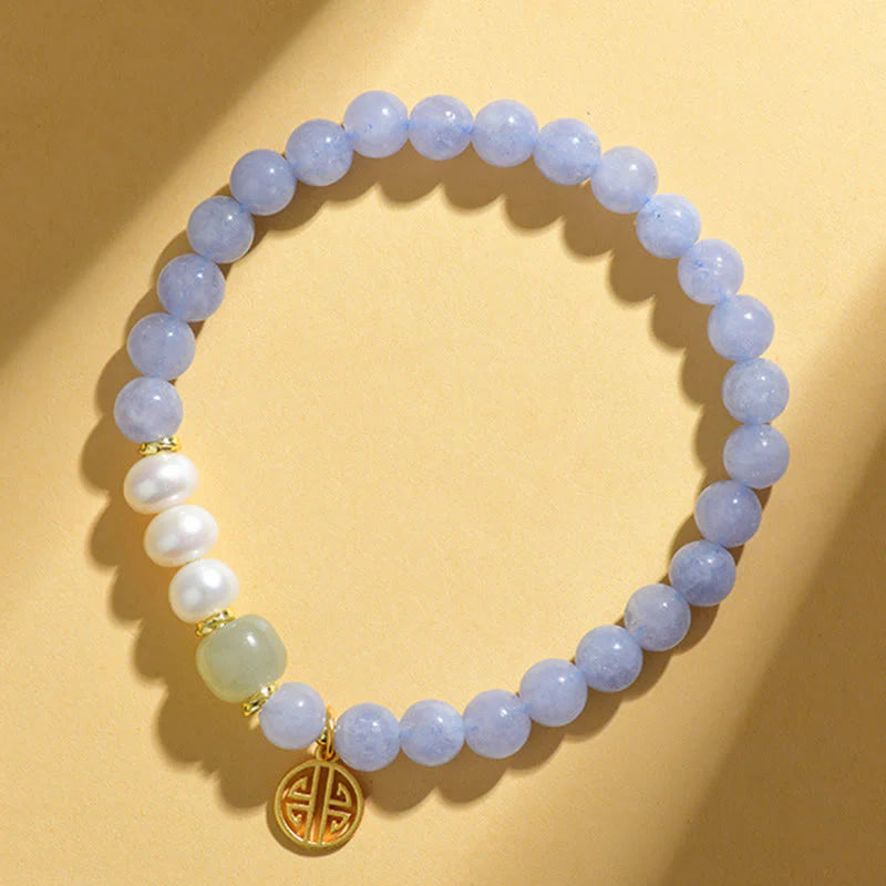 Buddha Stones Blue Chalcedony Pearl Beads Energy Bracelet