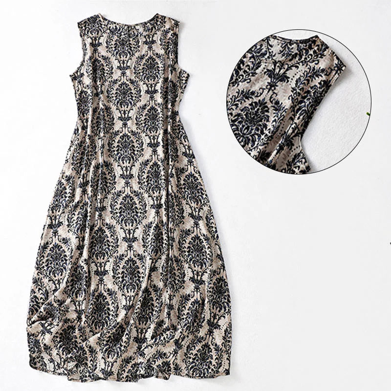 Buddha Stones Commute Summer Printing Simple Design Crew Neck Sleeveless Maxi Dress