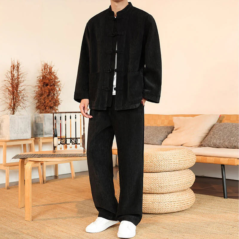 Buddha Stones 2Pcs Winter Thick Men's Tang Suit Frog-Button Cotton Corduroy Long Sleeve Jacket Pants Set With Pockets
