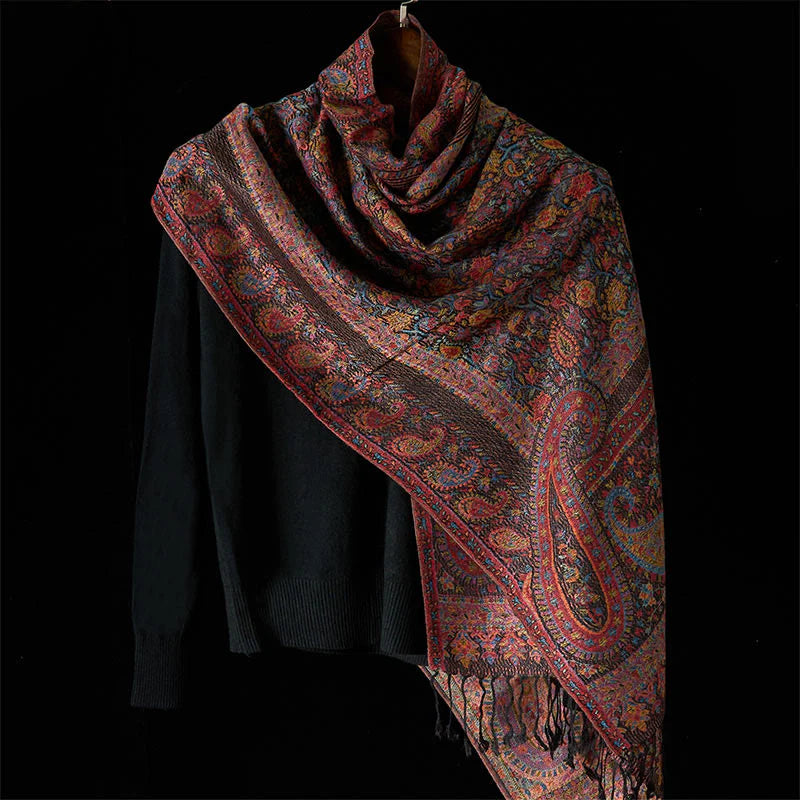Buddha Stones Spring Brown Cashew Flower Leaves Pattern Tassel Soft Scarf Shawl