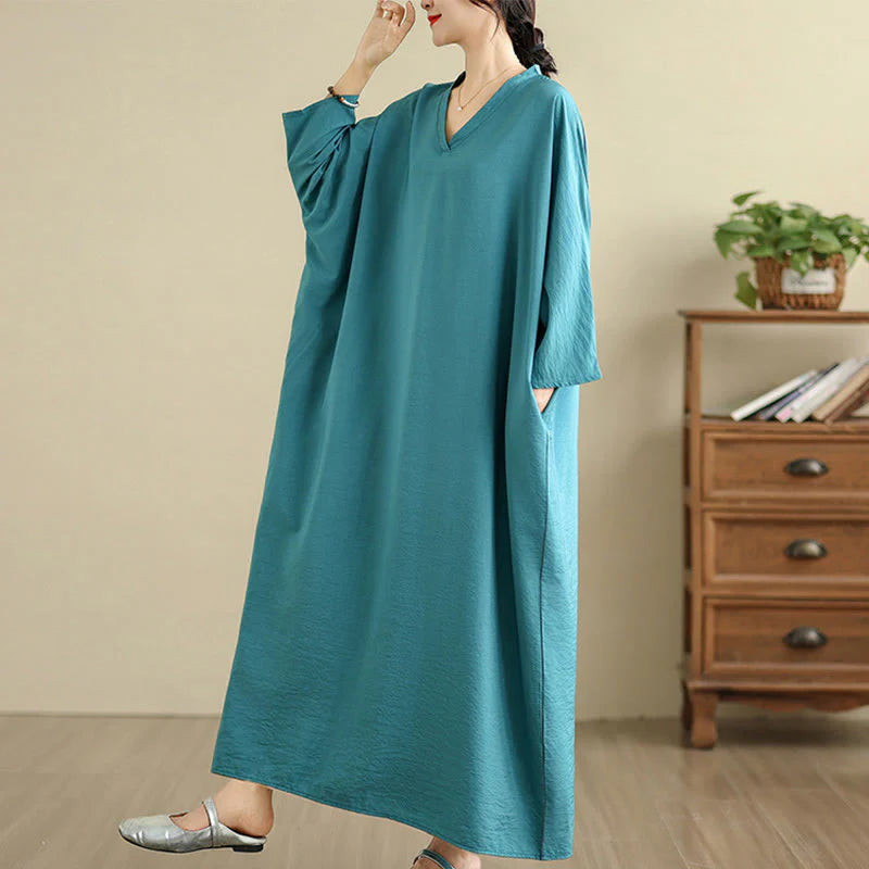 Buddha Stones Retro Casual Solid Color Long Sleeve Cotton Linen Maxi Dress With Pockets