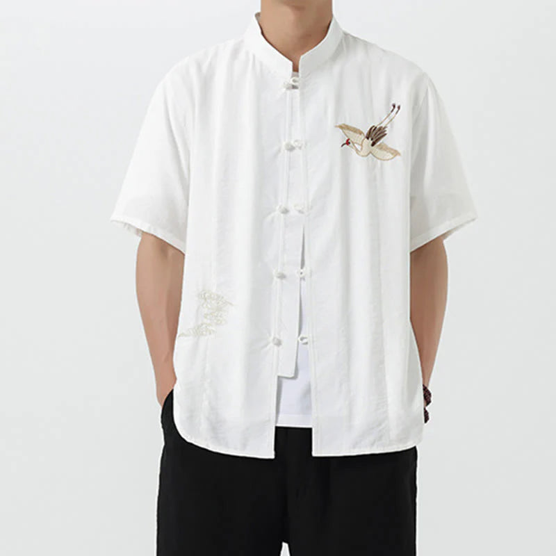 Buddha Stones Embroidery Buttons Half Sleeve Design Stand Collar Men's Cotton Shirt