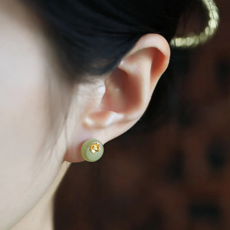 Buddha Stones Cyan Jade 925 Sterling Silver Flower Harmony Earrings