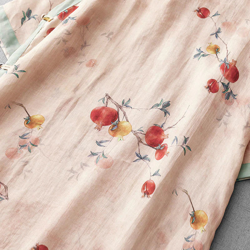 Buddha Stones Frog-Button Orchid Pomegranate Flowers Pattern Side Slit Design Half Sleeve Midi Dress