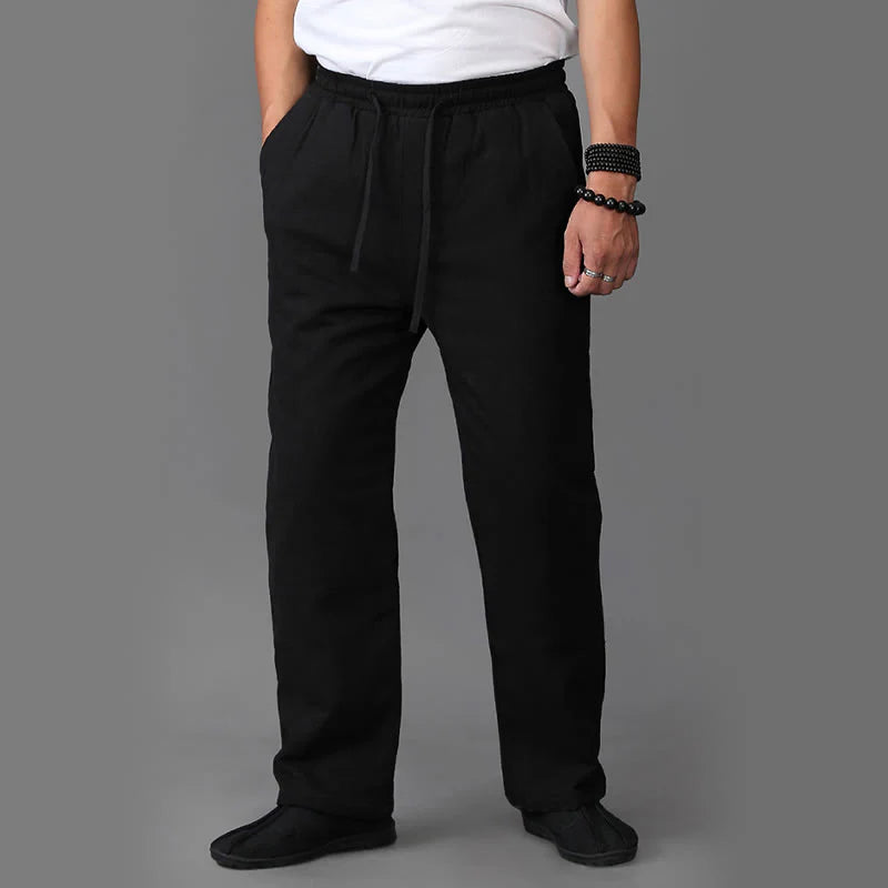 Buddha Stones Winter Men's Fleece Lined Drawstring Linen Pants With Pockets