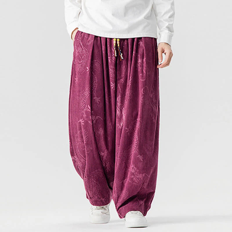 Buddha Stones Winter Dragon Phoenix Pattern Cotton Corduroy Men's Harem Pants With Pockets